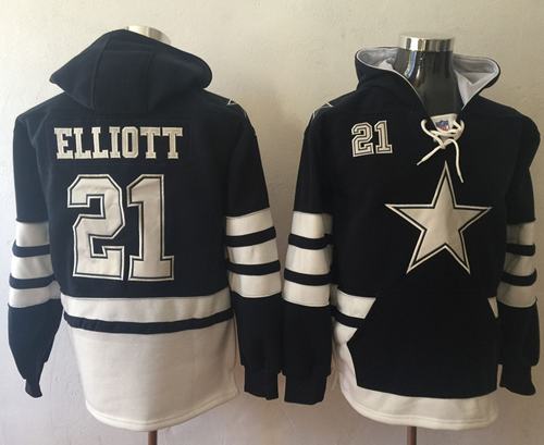 Nike Cowboys #21 Ezekiel Elliott Navy Blue/White Name & Number Pullover NFL Hoodie - Click Image to Close